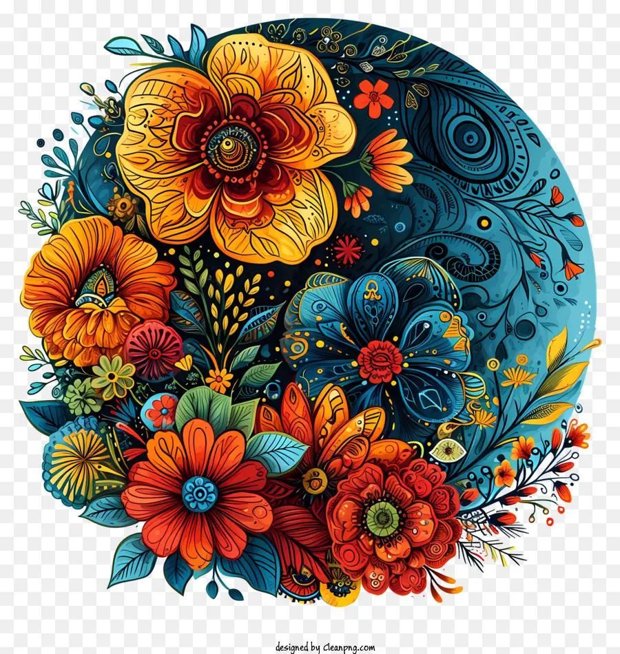 Gesteck - Farbenfrohe florale Illustration mit verschiedenen geformten Blüten