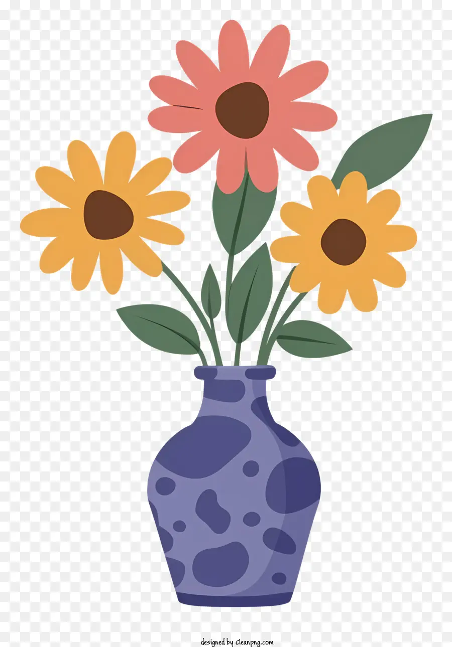 Cartoon Blumen Vase Pink Daisses gelbe Gänseblümchen - Realistisches Bild einer blauen Vase mit Blumen