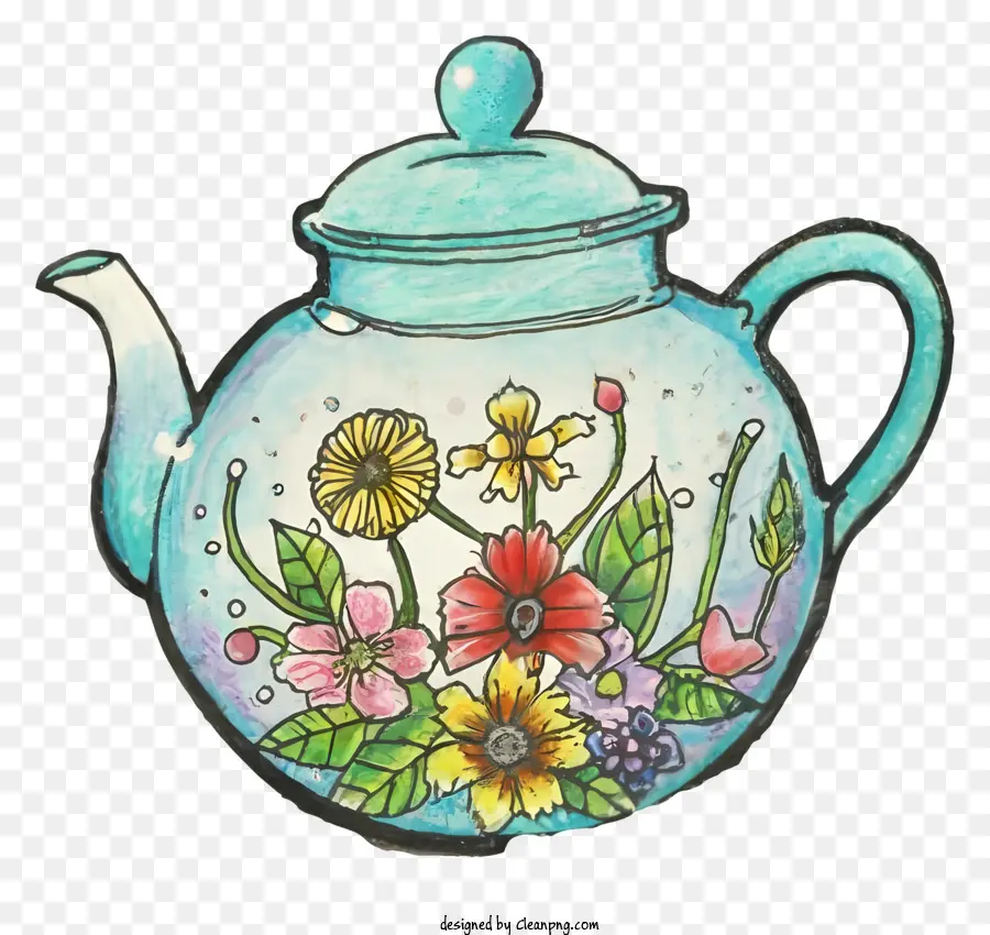nền trắng - Một ấm trà đầy màu sắc, chi tiết với hoa trên đó
