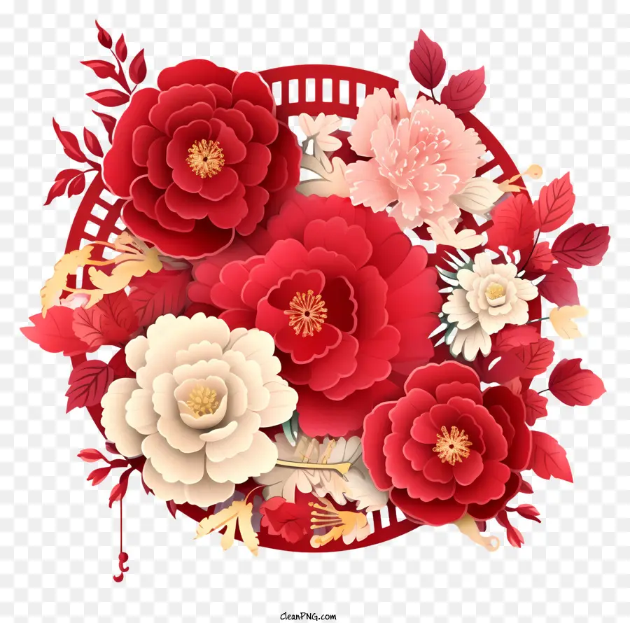 Chinese new year Blume - Runde rot -weiße Blumenarrangement auf schwarzem Hintergrund