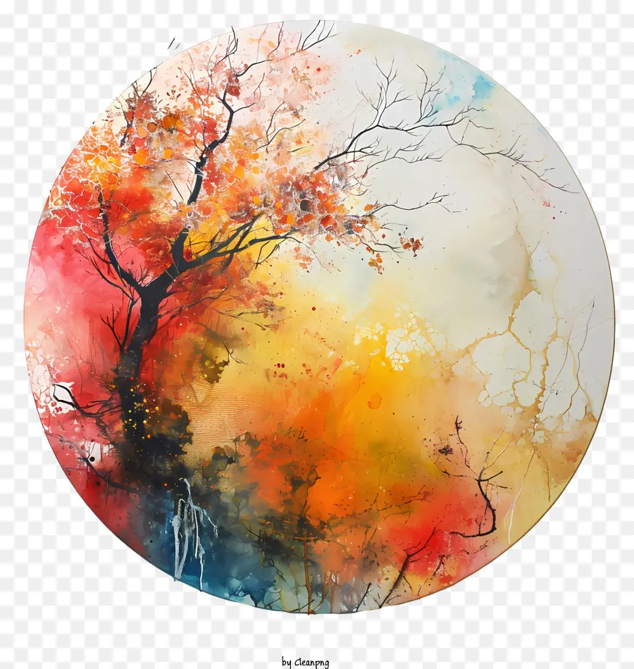 quay tròn - Tranh cây mùa thu trừu tượng trên khung hình tròn