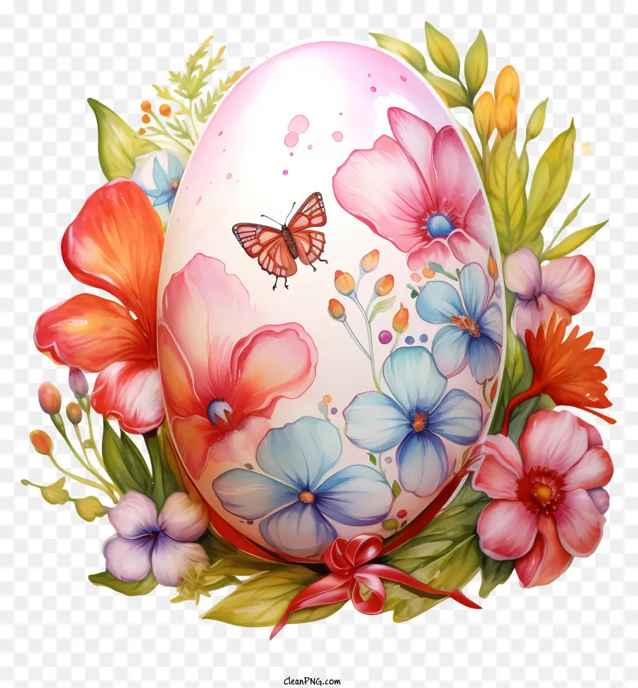 uovo di pasqua - Easter uovo con farfalla, circondato da fiori. 
Immagine vibrante e stravagante