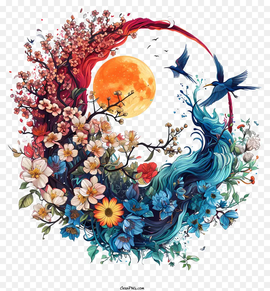 trăng tròn - Trăng tròn được bao quanh bởi đồ trang trí hoa và chim