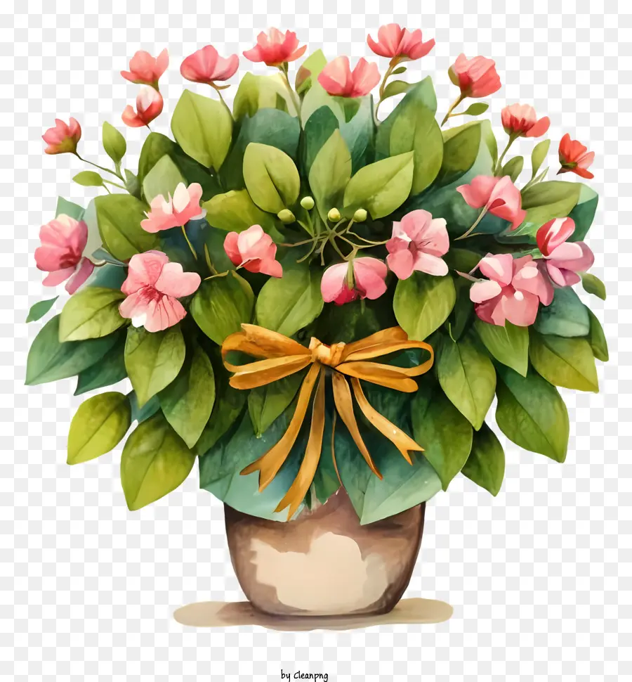 Cartoon Vase Pink Blumen Bouquet Grüne Blätter - Pink Blumenstrauß in Vase mit Band