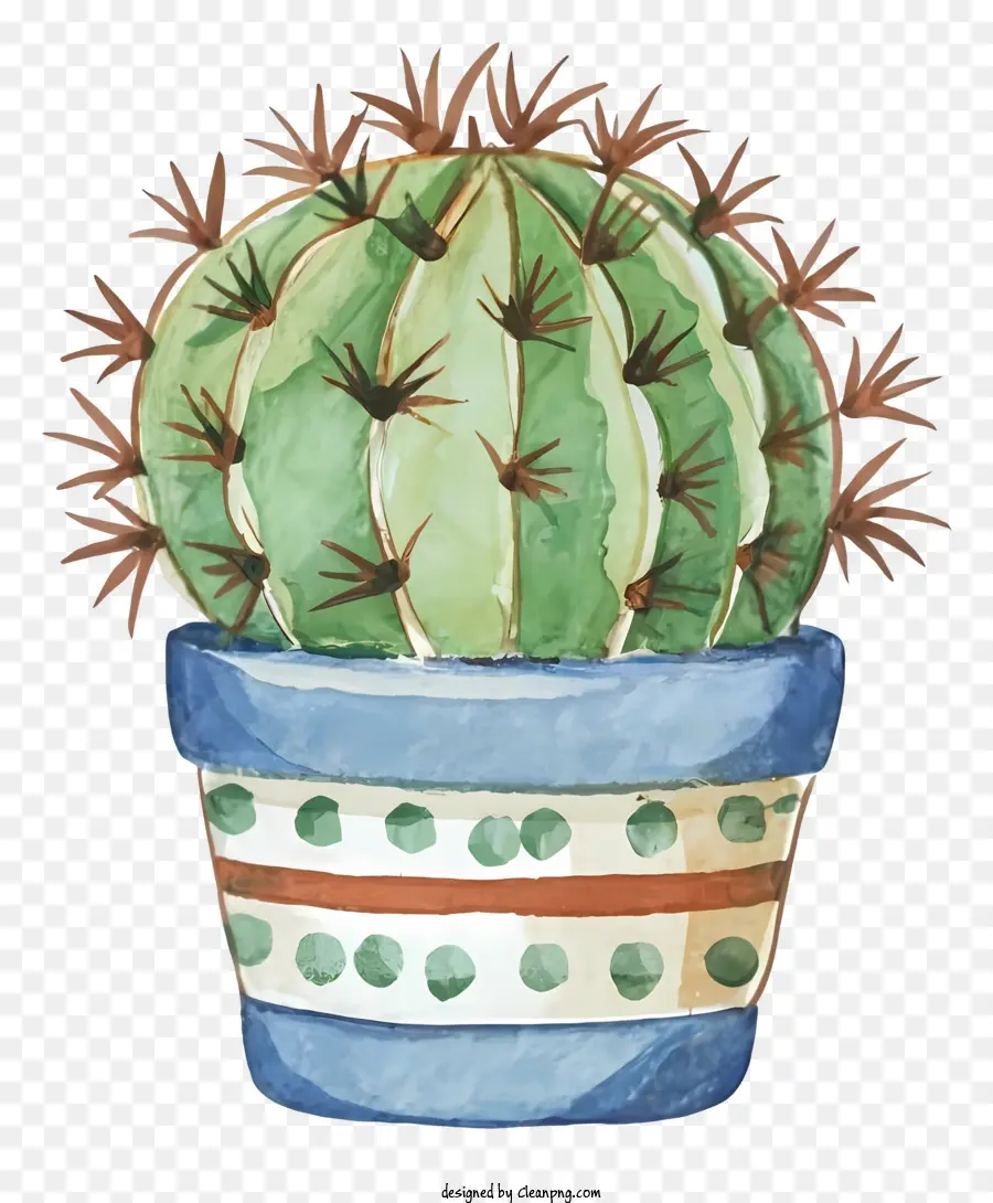 Cartoon acquerello dipinto di piccole spine blu e verdi in pentola sulle foglie - Pittura ad acquerello del piccolo cactus in pentola