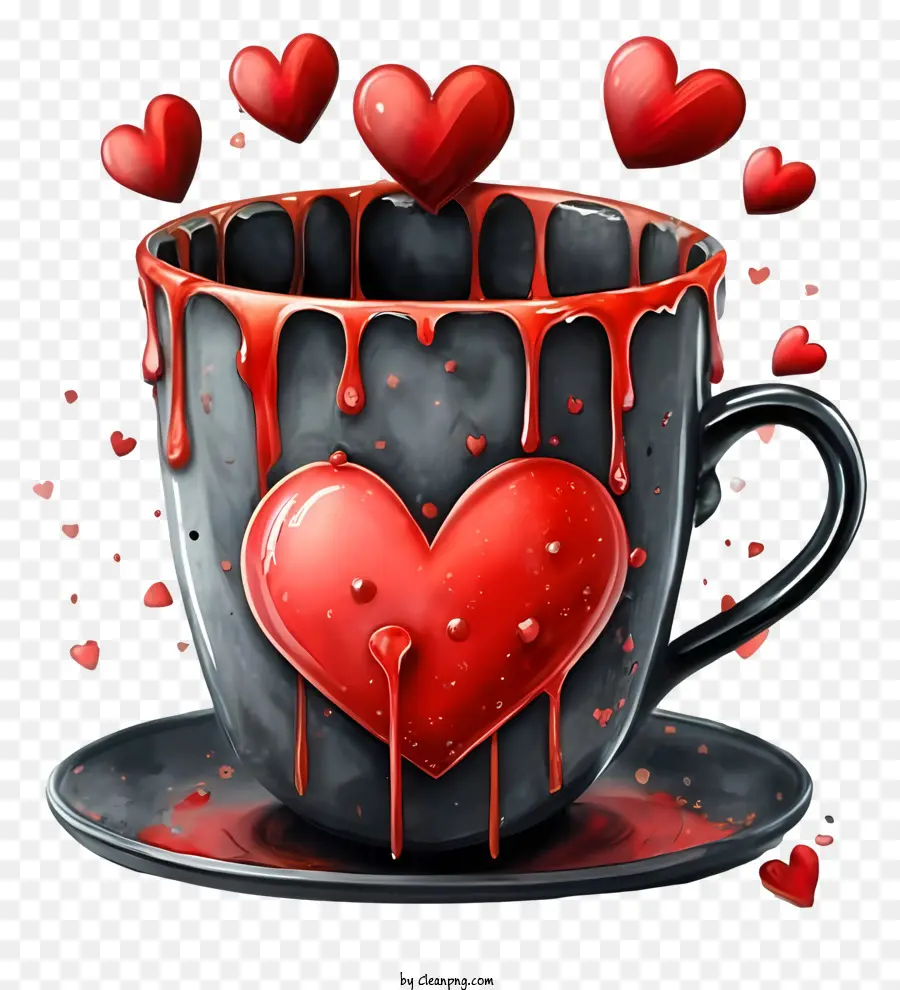 Cartoon Blut Herz rot schwarz - Tropf Herz auf Tasse mit verstreuten Herzen tropfend