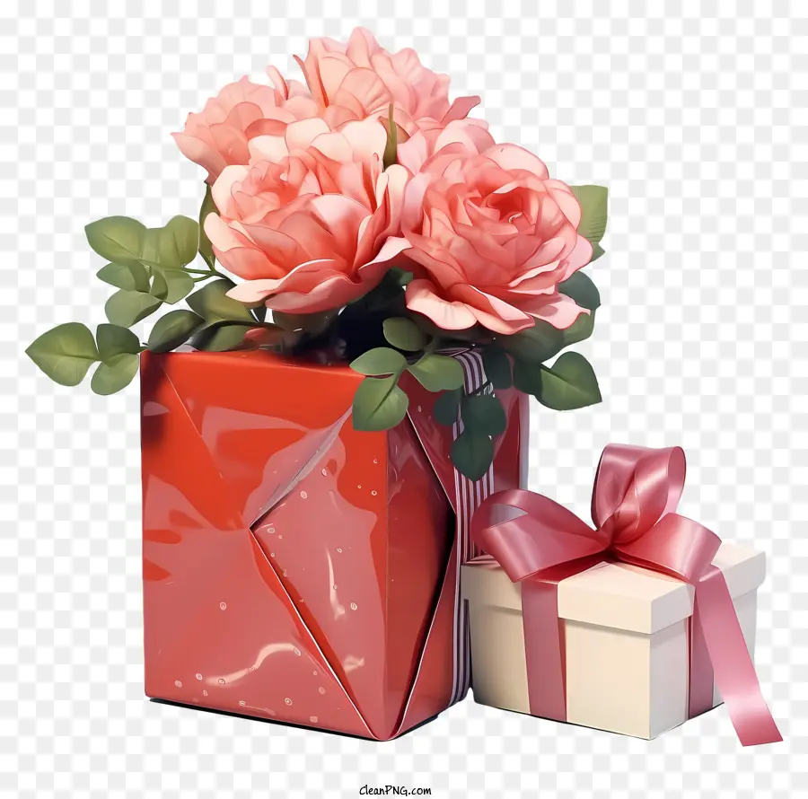 Geschenkbox - Rote Vase mit rosa Band hält rosa Rosen auf der schwarzen Oberfläche