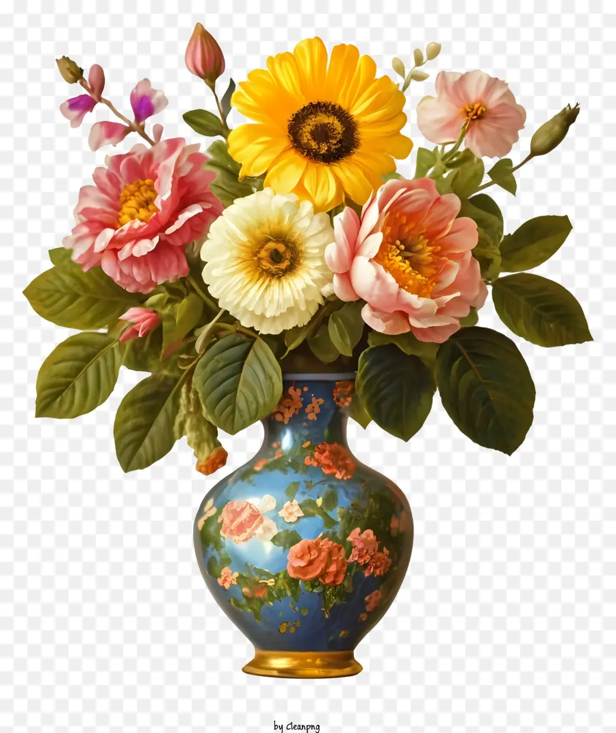 Cartoon Vase Flowers Rosen Gänseblümchen - Blumenvase mit blauem, goldenem und grünem Design