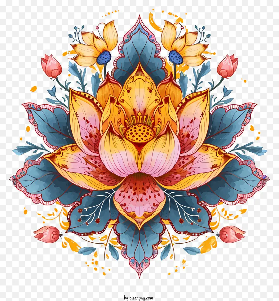 Lotusblüte - Bunte Lotusblume auf schwarzem Hintergrund, der Frieden hervorruft