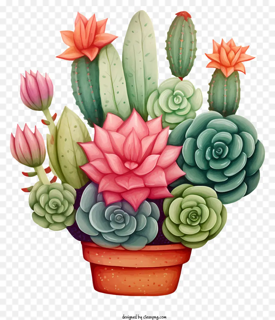 succulenti piatte colorate di fiori rosa colorati fiori rossi gialli - Pentola colorata con vari tipi di cactus