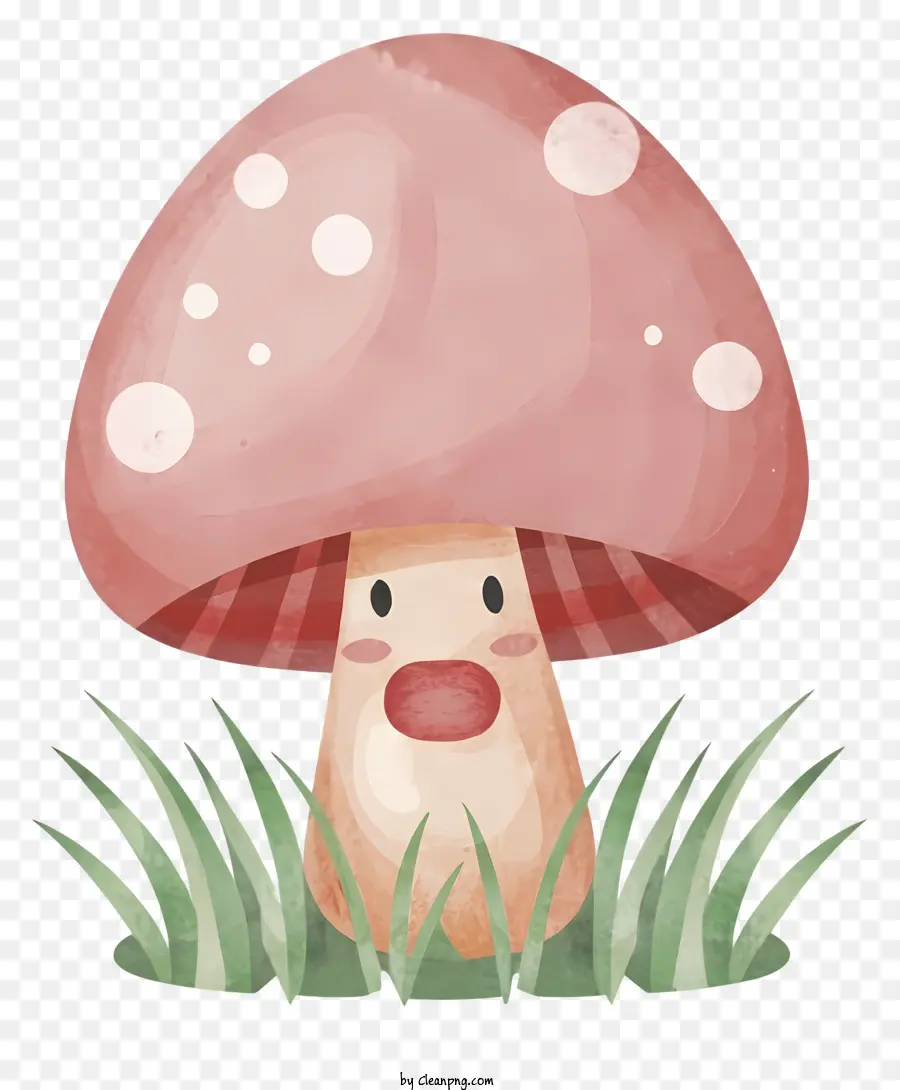 cartoon pink mushroom big round head small round eyes patch of green grass