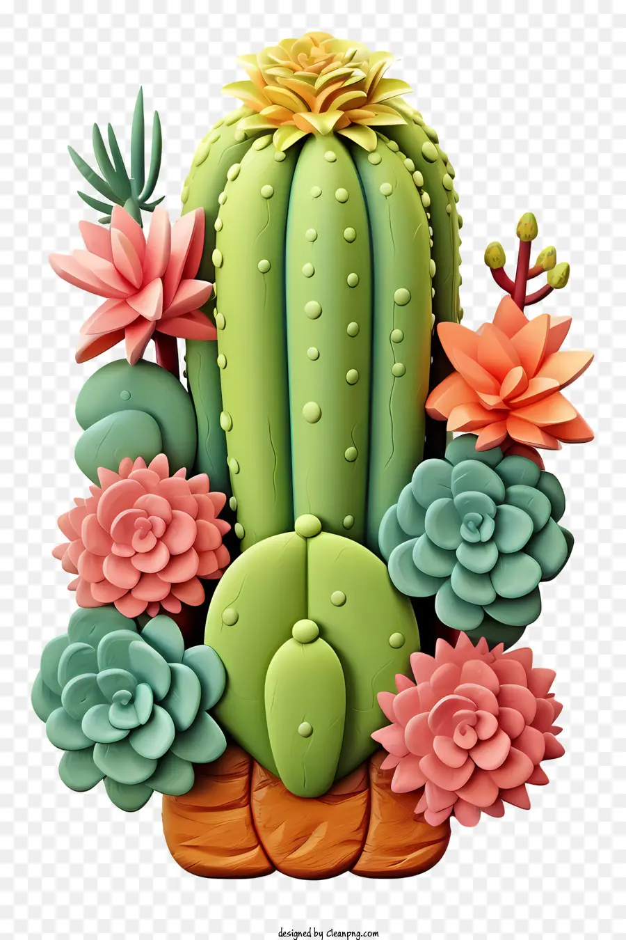 Realistische 3D -Sukkulenten Tonpflanze Buntes Kakteen rosa Kaktusgelb Kaktus - Bunte Tonkaktuspflanze mit Topf und Löchern