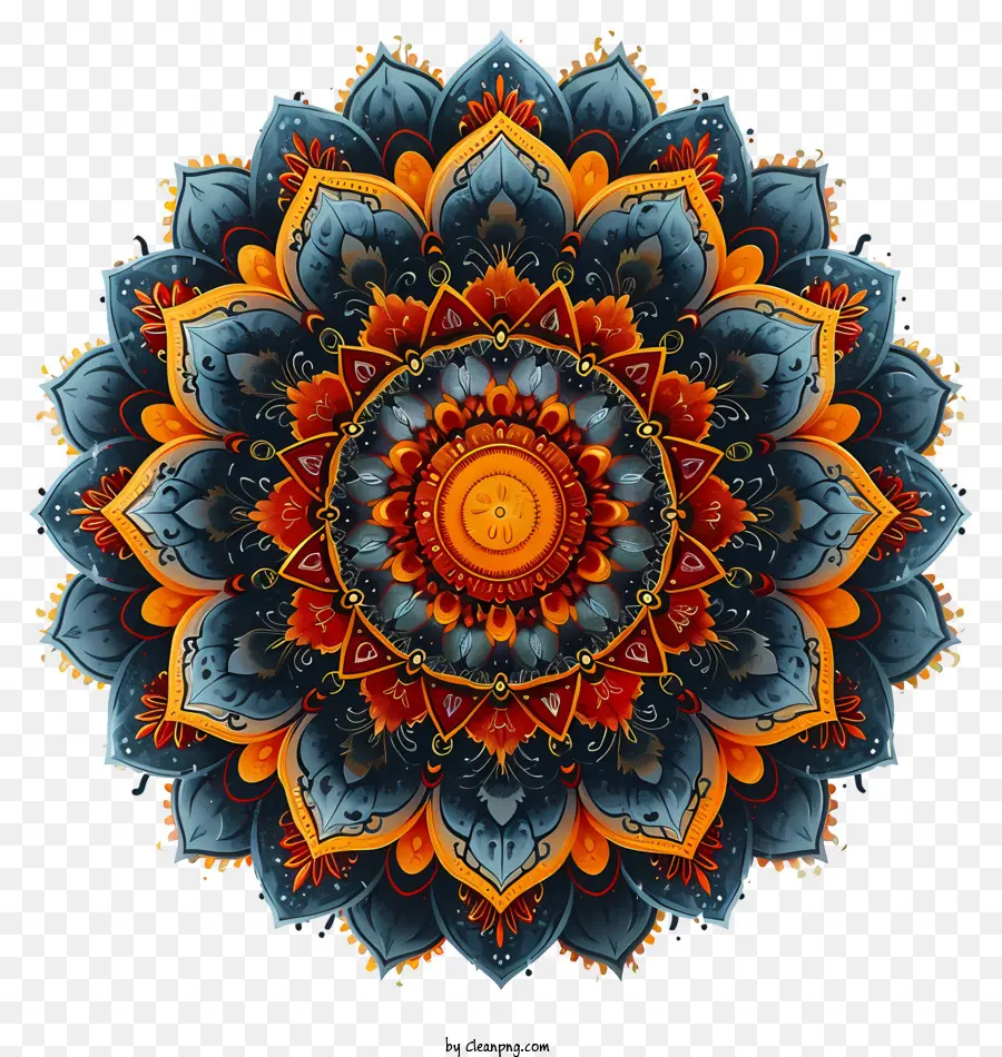 Mandala - Großes kreisförmiges Design mit wirbelnden Blau, Gelb und Orange