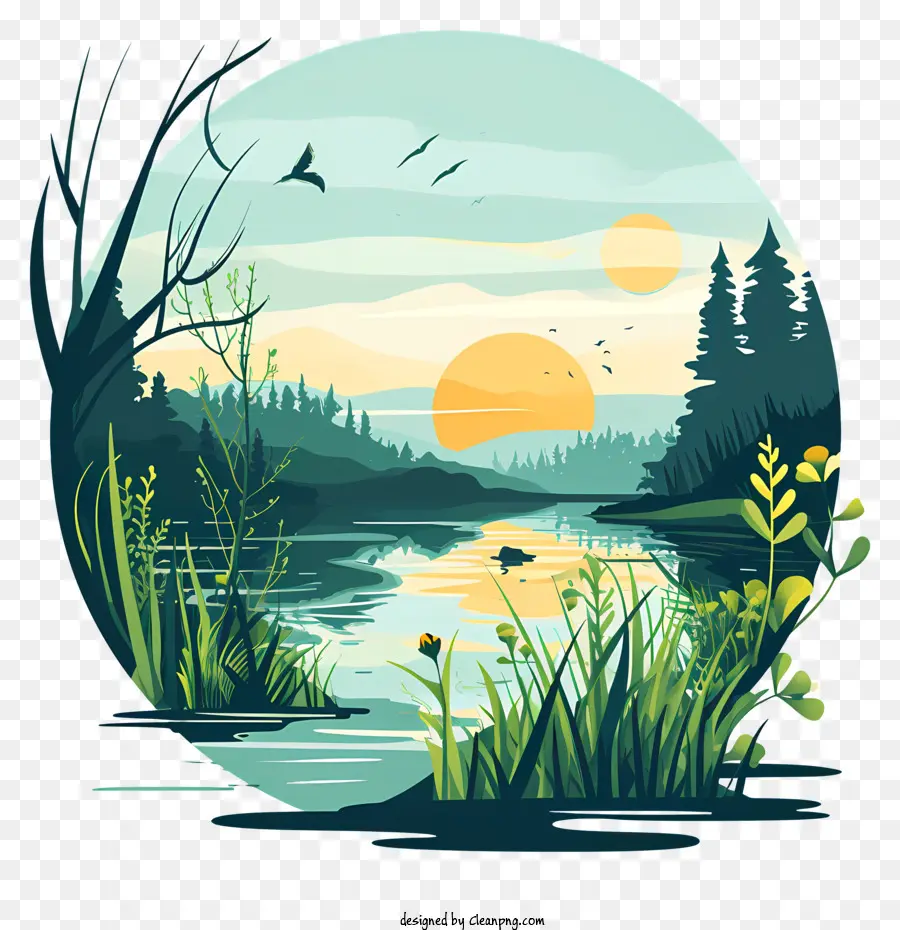 Ngày ngập nước thế giới Ngày Hồ Greenery River Sunset - Hình ảnh hồ Hòa bình với cây xanh và dòng sông chảy