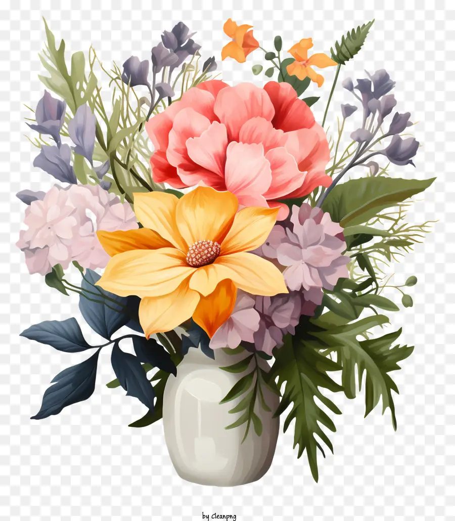Realistische Frühlingsstrauß Vase Blumen rosa Blüten gelbe Blüten - Bunte Blumen in einer ungezwungenen Anordnung mit Vase