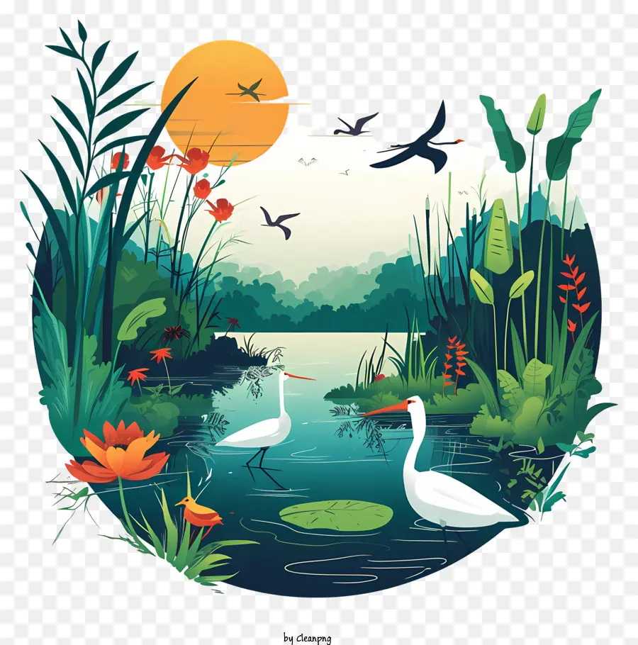 thế giới vùng đất ngập nước ngày hồ phong cảnh xanh hoa huệ nhỏ hòn đảo nhỏ - Cảnh hồ yên bình với cây xanh và chim
