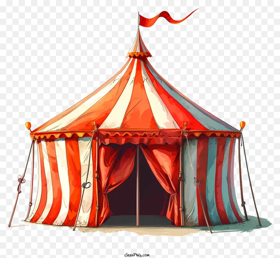Zirkuszelt - Großes gestreiftes Zelt mit Flagge und Person in der Nähe