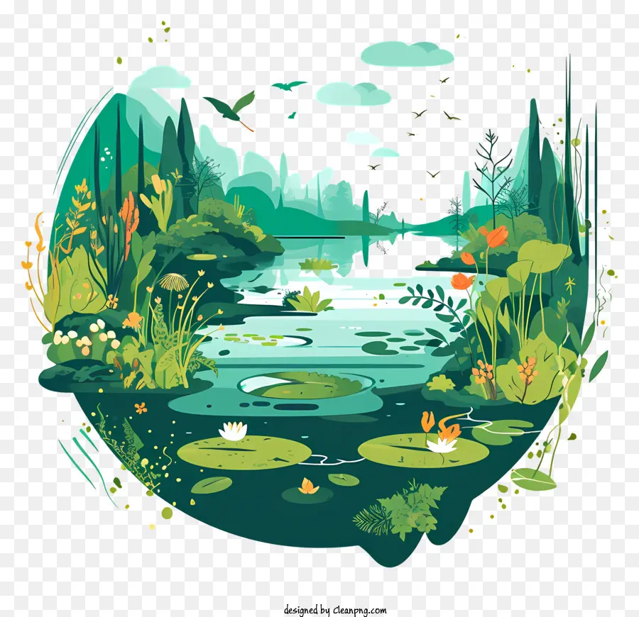 World Wetlands Day River Scene Forest Lily Pads Piante acquatiche - Vibrant Forest River Scene con fauna selvatica e tranquillità