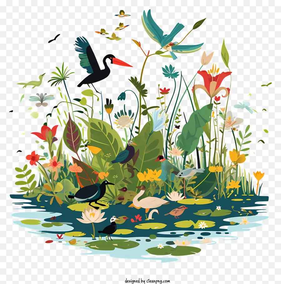 WORLD FASTLANDS DAY Tropical Landscape Vögel Lilien Wasserpflanzen - Friedliche tropische Landschaft mit Vögeln, Lilien, Himmel