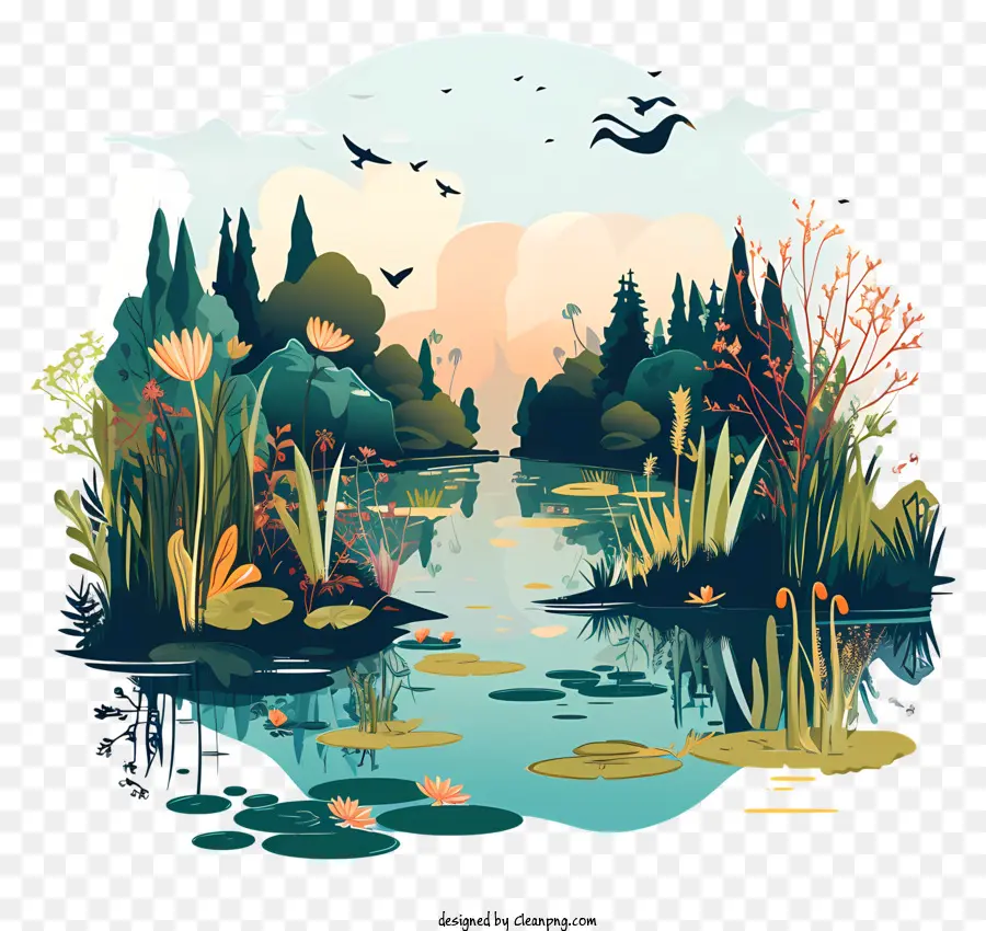 World Wetlands Day Landscape Lake Trees Piccola barca - Paesaggio pacifico con lago, alberi e stelle