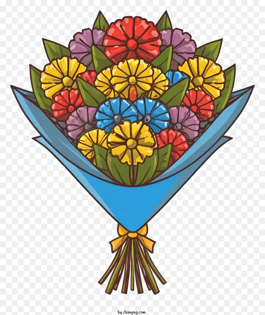 Blumenstrauß - Mehrfarbiger Blumenstrauß in blauer Vase mit Band