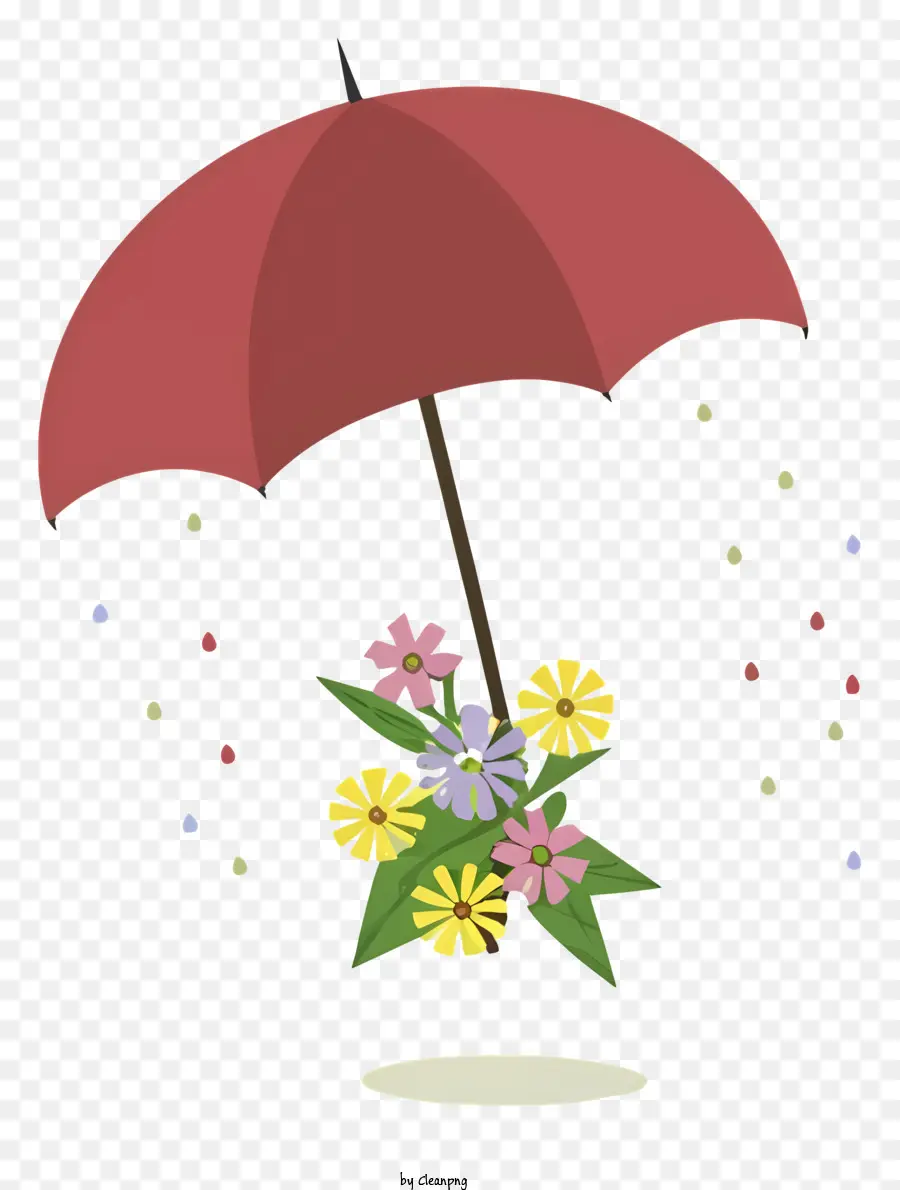 Cartoon Red Regenschirm verkehrt herumblüten Blütenblätter Stamm - Roter Regenschirm wird von Wind geblasen, Blütenblätter fliegen