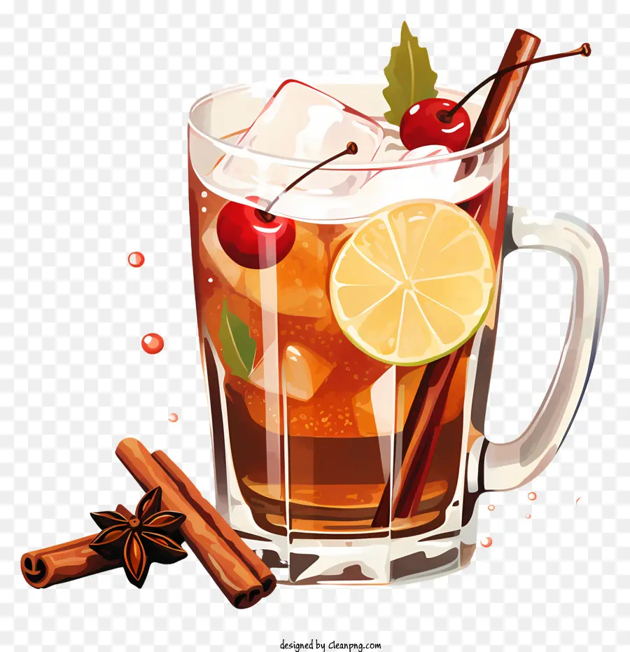 Aquarell Weihnachten Cocktail Holiday Drink Spicy Getränk Zimtstab Eiswürfel - Scharfes, süßes Feriengetränk mit Zimt und Orangen