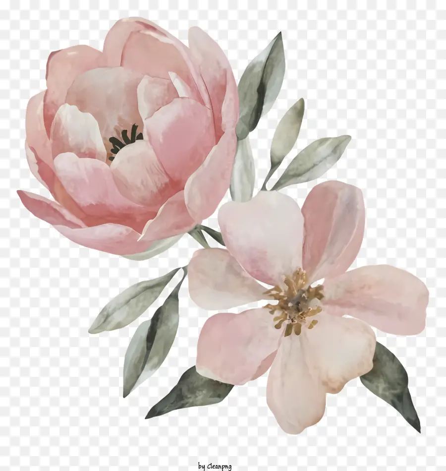 Cartoon rosa Blumen offene Blütenblätter gebogene Stiele schwarzer Hintergrund - Zwei rosa Blumen auf schwarzem Hintergrund