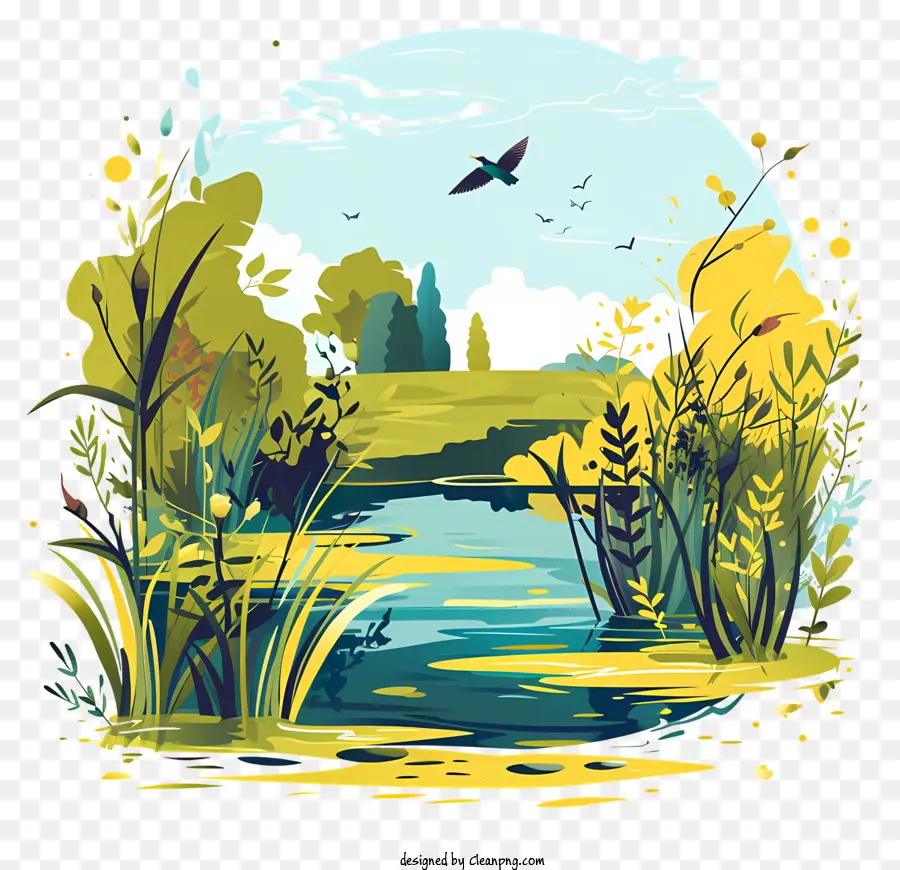 World Wetlands Day Landscape River Green Vegetation Wolkiger Himmel - Friedliche Landschaft mit Fluss, Vegetation und Vogel