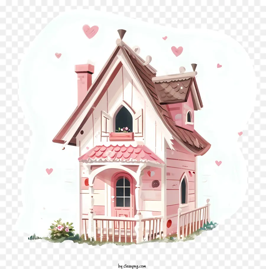 Pastel Valentine House Pink House White Roof TOOF Glass Worse Hearts Decorations - Casa rosa con vetrate e cuori in vetro