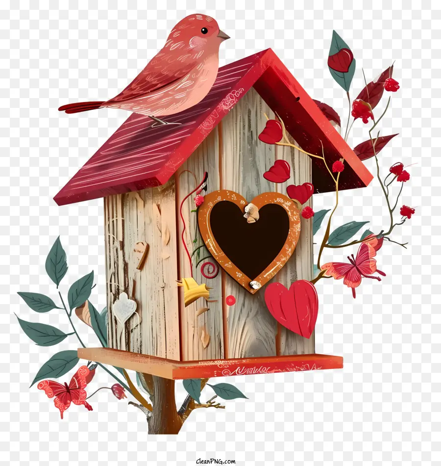 Valentine Bird House biểu tượng cảm xúc màu đỏ chim gỗ hình trái tim hình trái tim hình trái tim - Red Bird on Birdhouse với lỗ hình trái tim