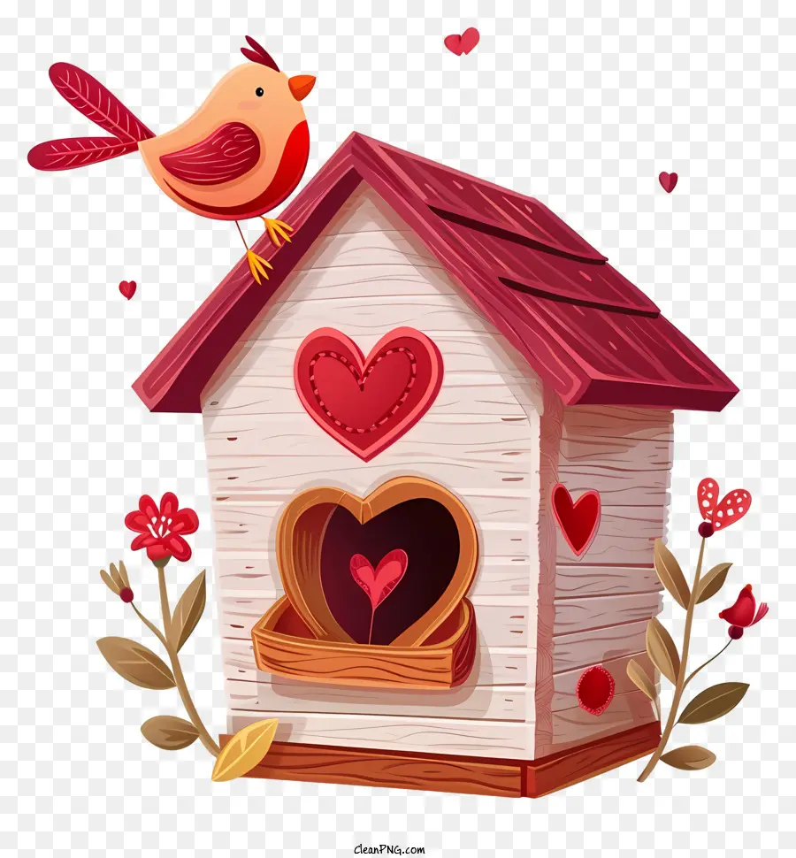 valentine bird house emoji birdhouse heart shaped cutouts red roof perched bird