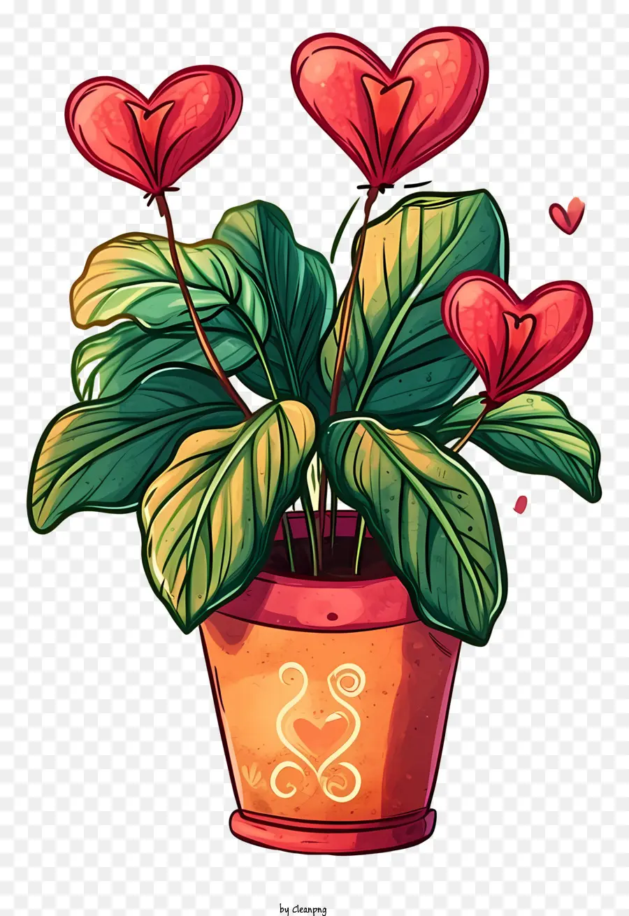 Cartoon Valentine Pflanze Keramik Blumentopf roter herzförmiger Blütenblumentopf mit Herzblume schwarzer Hintergrund - Schwarzer Hintergrund mit roter herzförmiger Blume im Topf