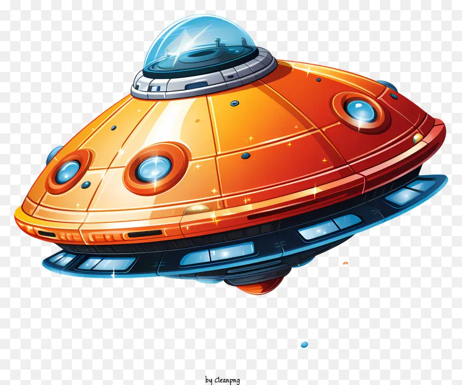 Handgezogene UFO-Raumschiff Fliegersaucer Sci-Fi - Beschreibung: karikaturistische orange und blaue fliegende Untertasse in der Luft mit komödiantischem Ton
