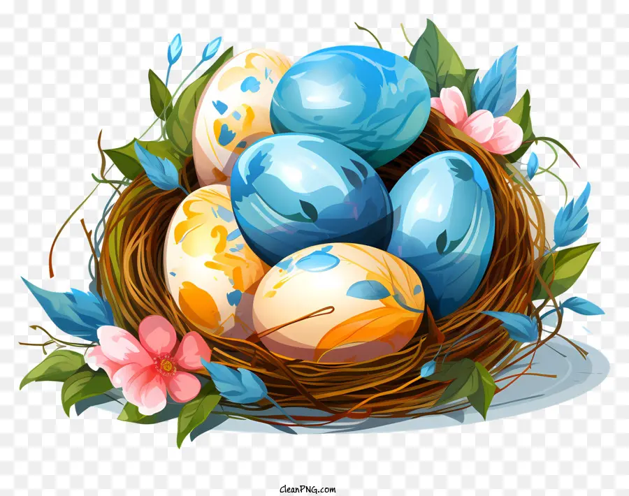 trứng phục sinh - Trứng sơn màu xanh và vàng với hoa