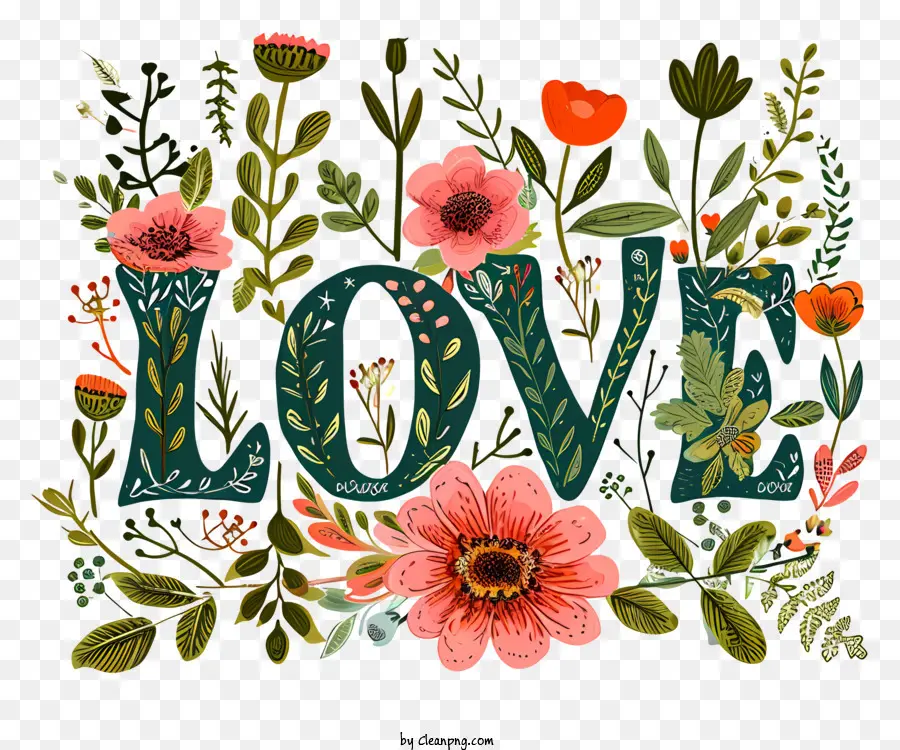 Valentine Love Love Vintage Font Pink and Green Flowers - Illustrazione floreale vintage con 