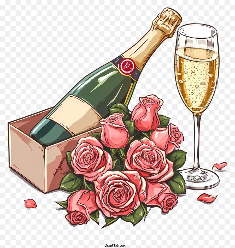 rosa Rosen - Champagnerflasche, rosa Rosen, Pralinen auf schwarzem Hintergrund