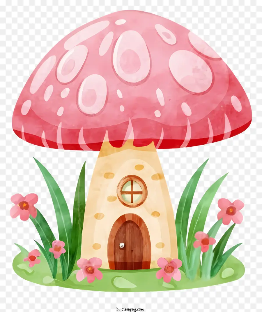Cartoon Pilz Haus Cartoon Illustration Pink und weißes Pilzhaus rosa Dach und weiße Tür - Süßes, skurriles pink -weißes Pilzhaus
