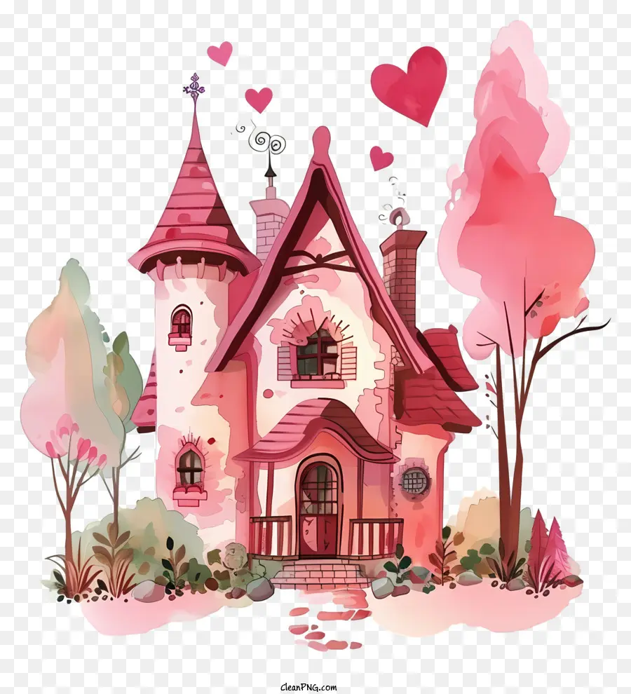 Nhà màu nước Valentine Ngôi nhà màu hồng với mái nhà màu trắng Picket Hàng rào Cottage với ống khói - Ngôi nhà màu hồng với hàng rào và vườn màu trắng