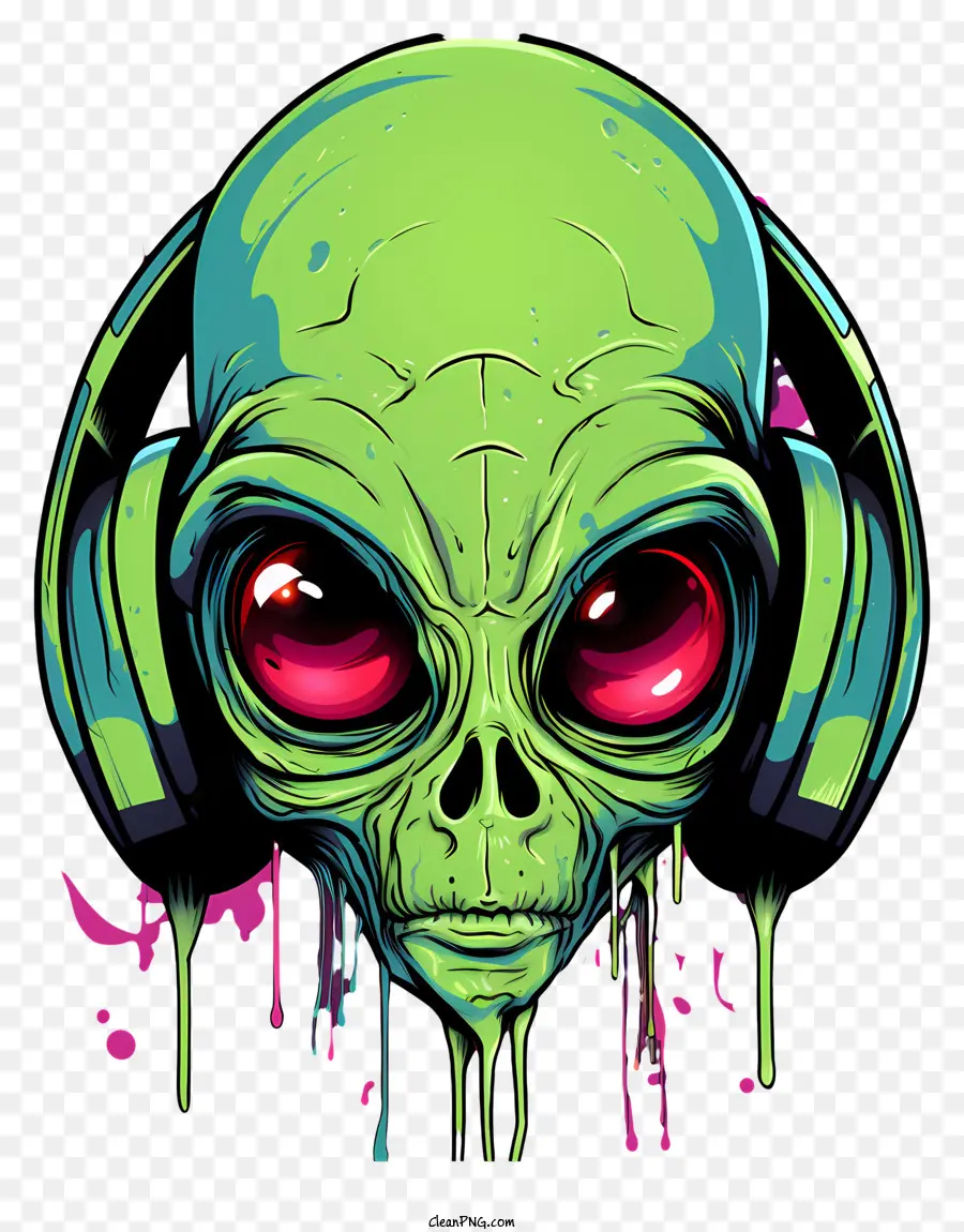 alien head with headphones green alien headphones staring straight ahead pink eyes