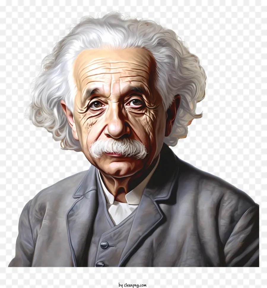 Realistischer Stil Albert Einstein Porträt älterer Mann Anzug und Binde weißes Haar ernsthafter Ausdruck - Nachdenklicher älterer Mann im Anzug und Krawatte