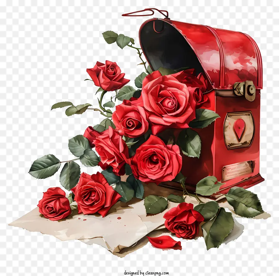 Ngày Valentine - Hộp thư màu đỏ với nắp mở và hoa hồng