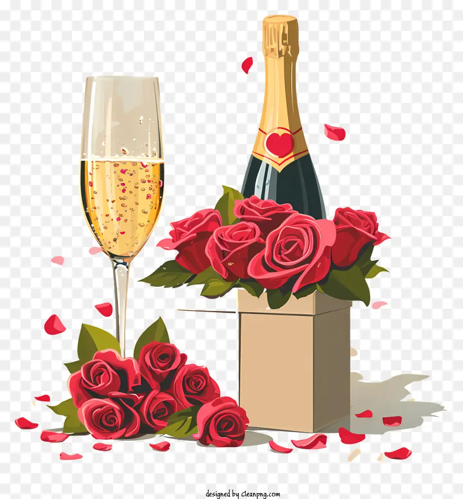 Hoa Hồng Màu Đỏ - Champagne, hoa hồng và hộp với cánh hoa