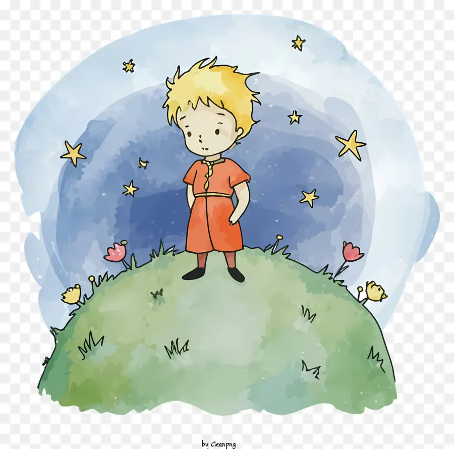 Cartoon Boy Hill Field of Flowers Orangenhemd - Charmantes Bild des Jungen im Blumenfeld