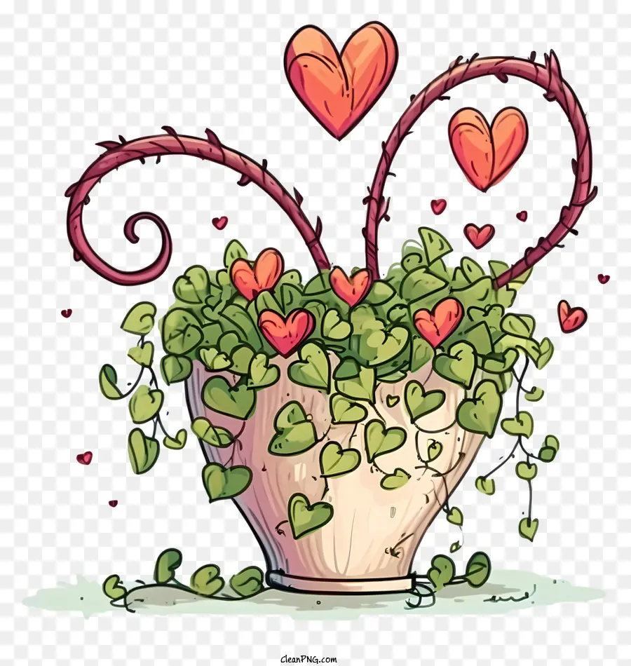 Cartoon Valentine Vase di piante Foglie a forma di cuore Piante che raggiungono il materiale di colore chiaro - Vaso con piante a forma di cuore che raggiungono il cielo