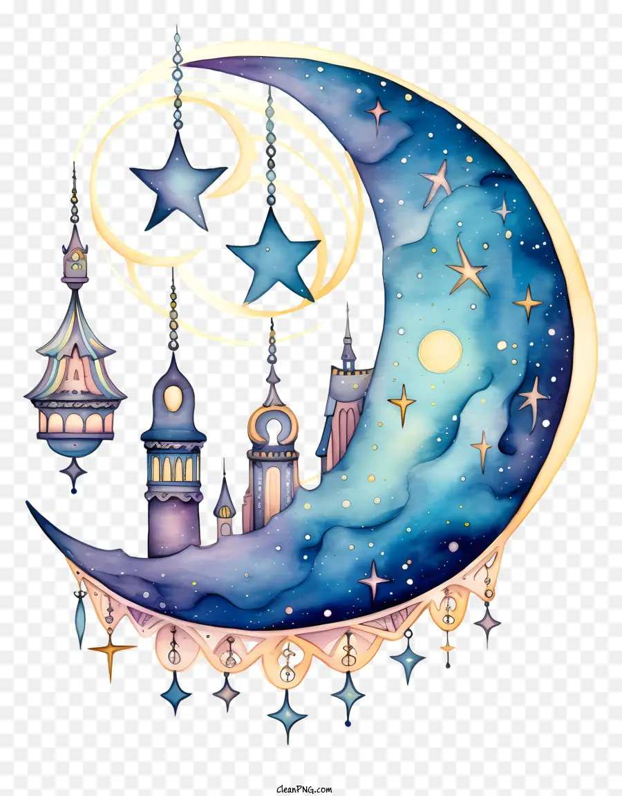 Aquarellmond und Sternmond Malerei Nachthimmel Kunst Aquarell Mond Friedliche Malerei - Mondmalerei mit Sternen, Gebäuden; 
friedlich, gelassen