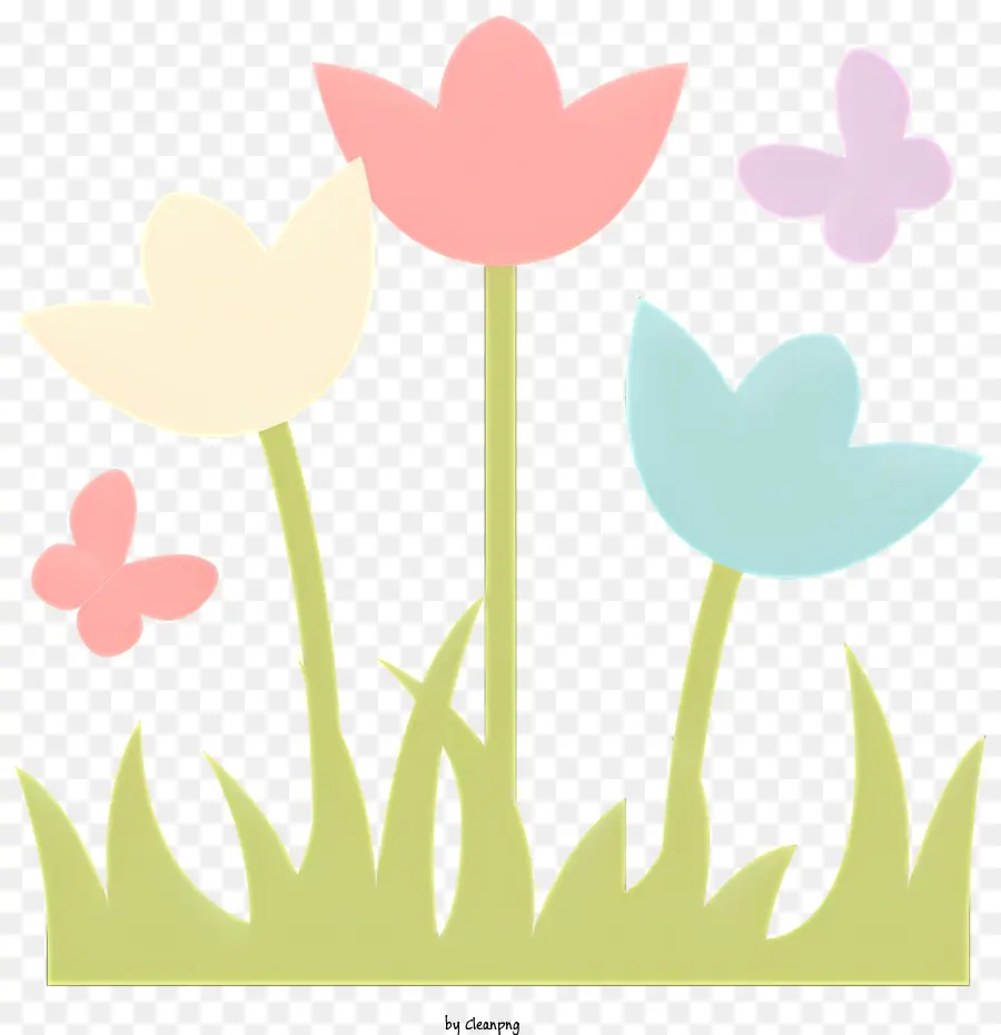 Fiori colorati di primavera farfalle fiori rosa fiori blu - Immagine simile a un fumetto di fiori e farfalle colorate