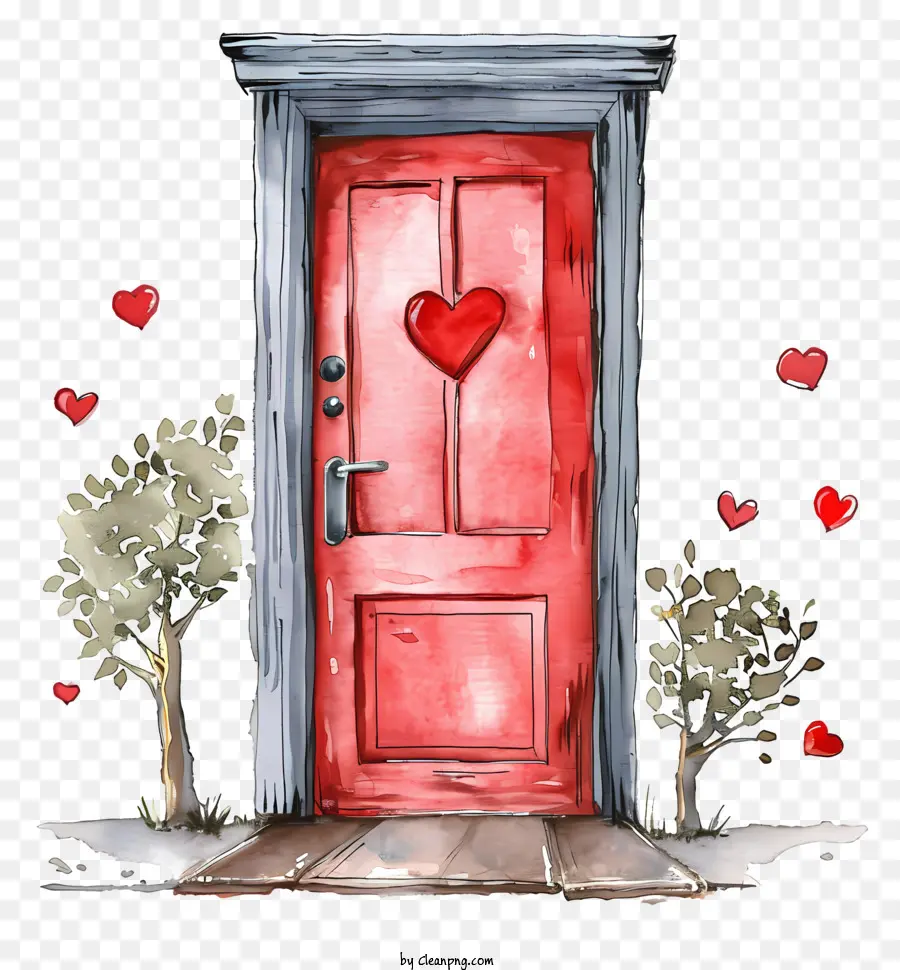 Herz symbol - Rote Tür mit Herz, Herzen auf dem Boden