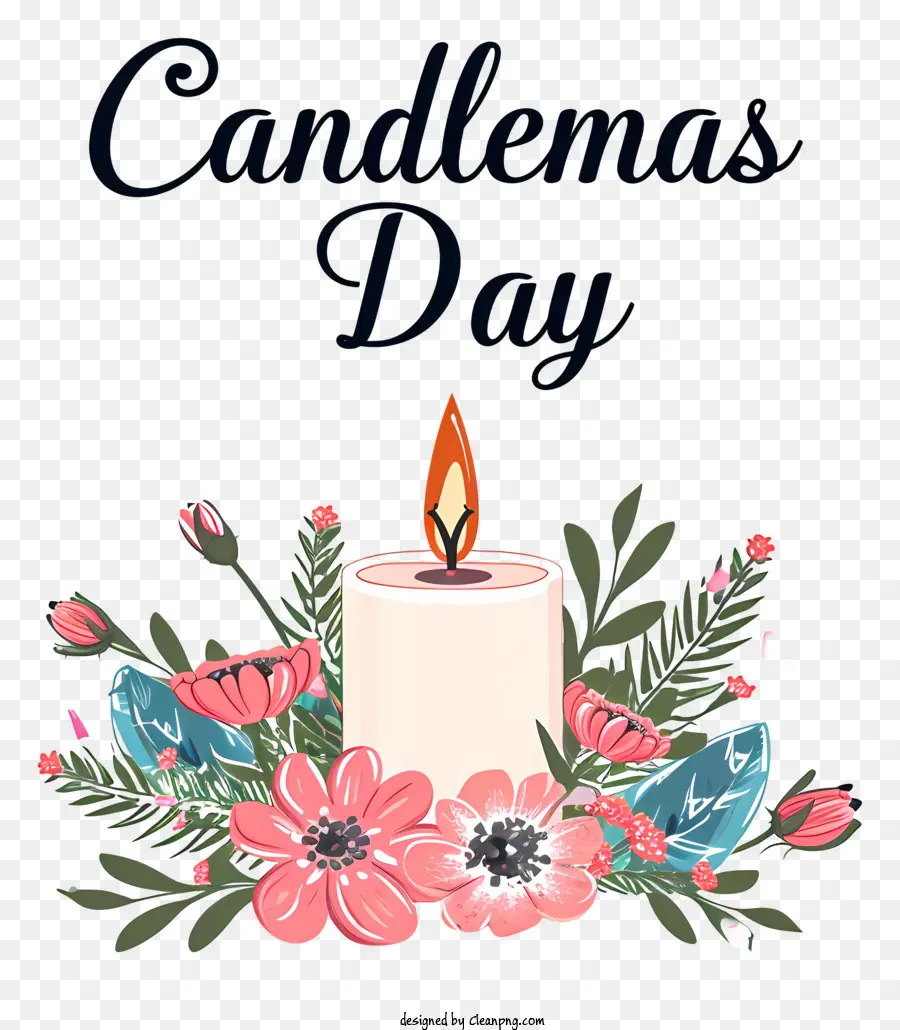 Candlemas Day Weißer Kerzenschwarz Hintergrund rosa Blumen Blaue Blumen - Weiße Kerze umgeben von rosa und blauen Blumen umgeben