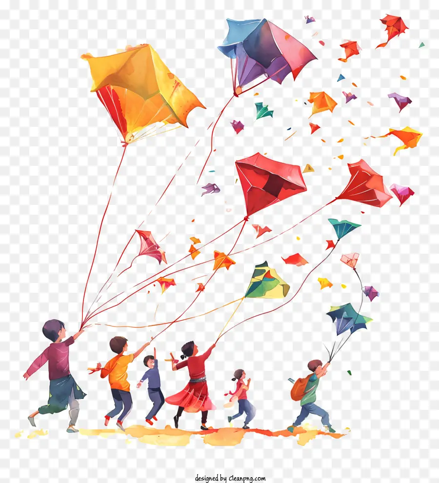 Makar Sankranti Element Kites fliegende Himmel Freude - Eine freudige Gruppe fliegt Kite in den Himmel